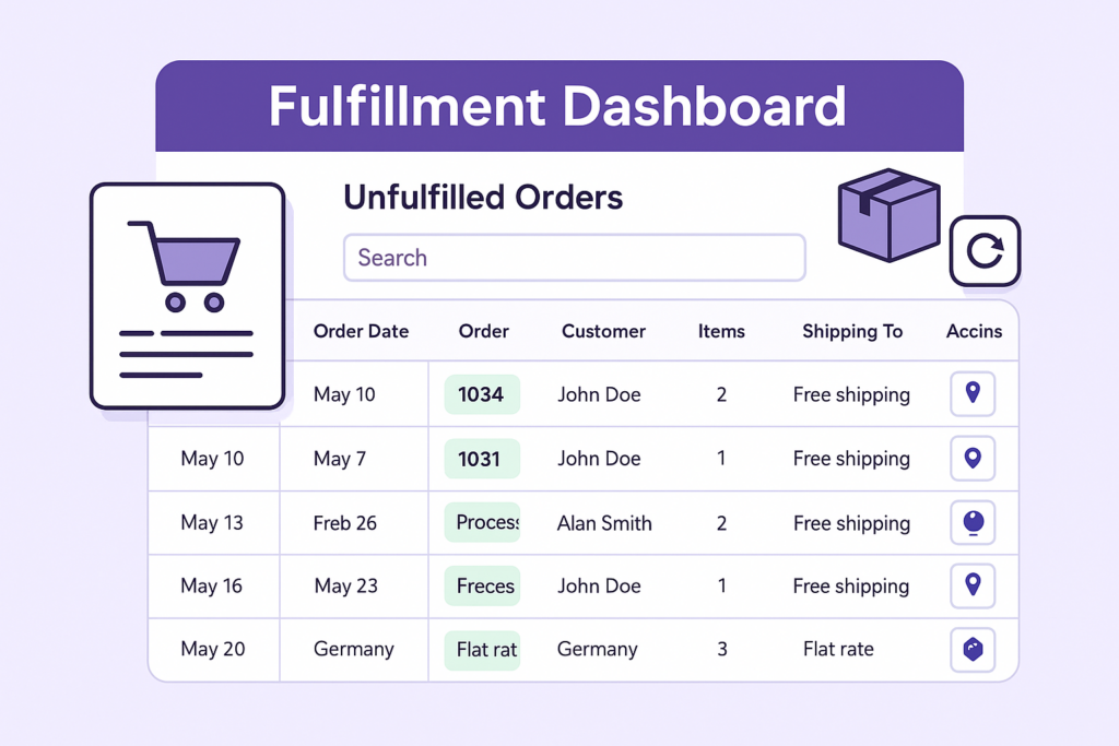 Illustration of AST PRO Fulfillment Dashboard showing unfulfilled WooCommerce orders