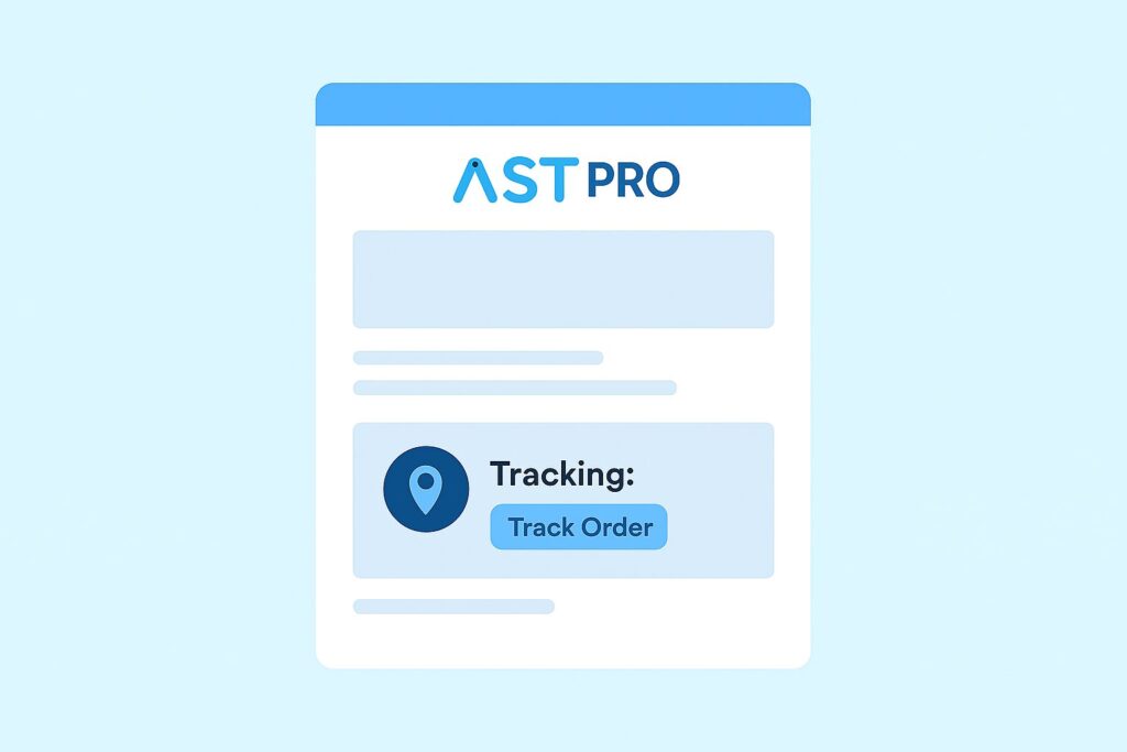 Illustration of AST PRO email template with branded header and order tracking widget