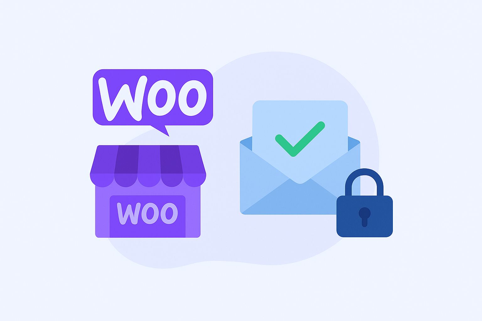Flat illustration of email envelope with checkmark and lock symbol representing WooCommerce customer email verification
