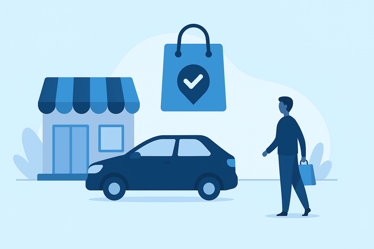 Illustration of WooCommerce storefront with local pickup truck and location pin icon