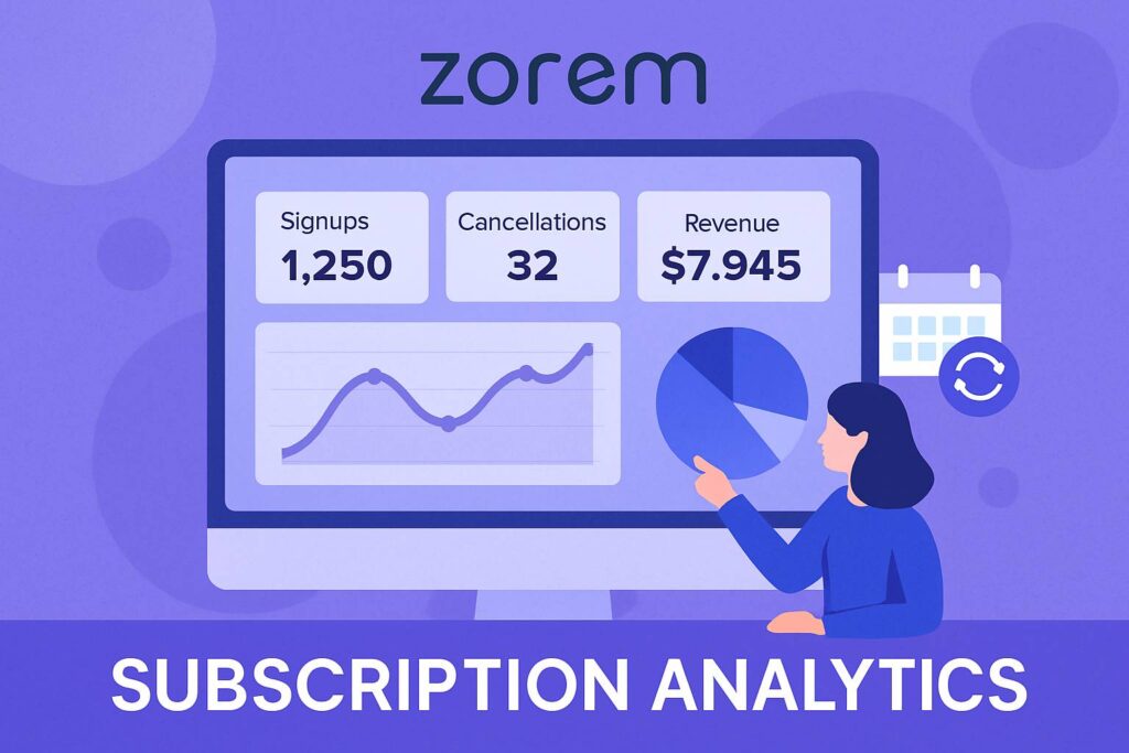 Illustration of subscription analytics dashboard with charts, revenue data, and the Zorem logo on a purple background