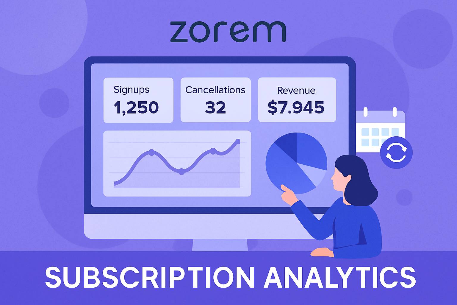 Illustration of subscription analytics dashboard with charts, revenue data, and the Zorem logo on a purple background